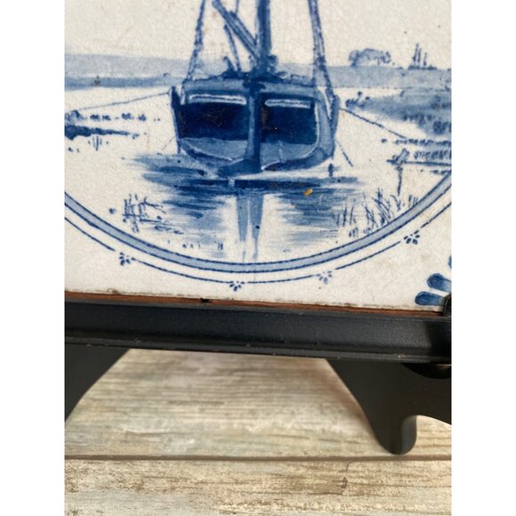 1900s Villeroy Boch Mettlach Delft Style Tile Blue White Sailboat Nautical Scene - Picture 4 of 11